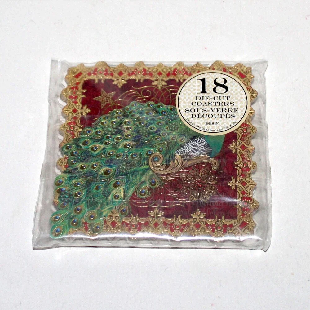 Set 18 Coasters Punch Studio Peacock red gold square party paper 4